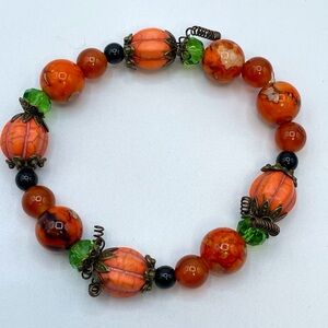 Halloween Pumpkins Glass Stone Beaded Bracelet Fun Funky Boho Stretch Holiday